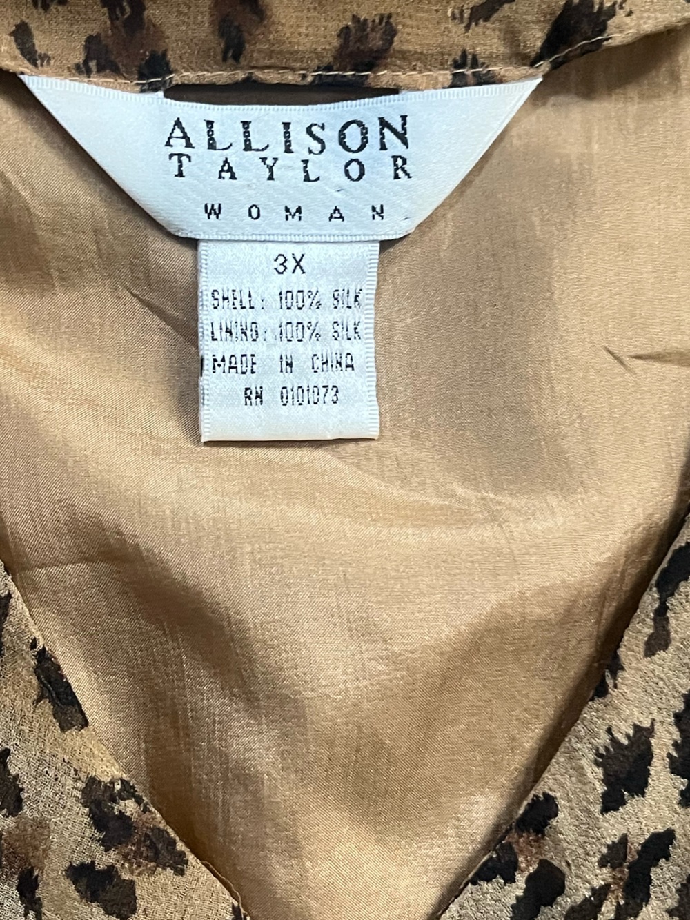 Allison Joy Leopard Print Brown Ruffle V Neck 100% Silk Size 3X Animal Lined Fun - Picture 3 of 10